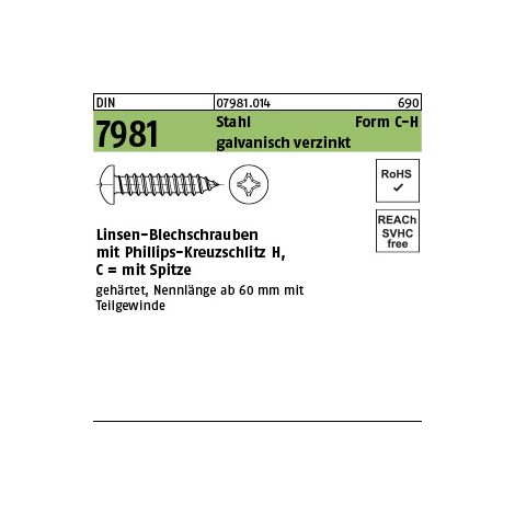DIN 7981 Form C Linsenkopf-Blechschraube VG 3,5x13 Stahl galvanisch verzinkt PH 1000 Stk
