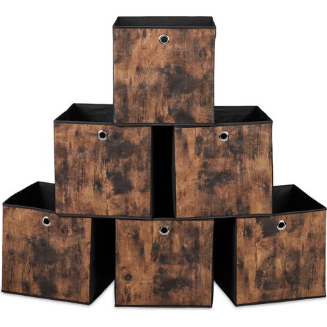 Relaxdays Aufbewahrungsbox, 6er Set, HxBxT: 30x30x30 cm, Stoff, Holzoptik, Griffloch, faltbare Regalboxen, schwarz/braun