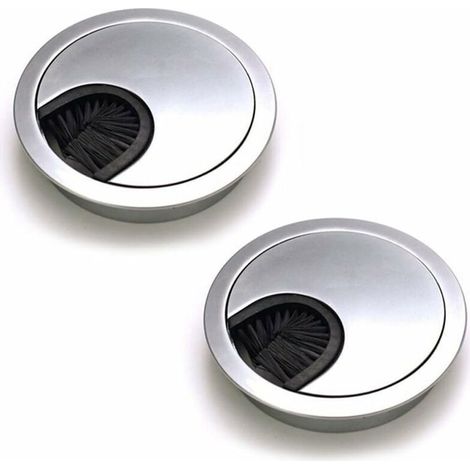 Set mit 2 runden, eingelassenen Kabeldurchführungen aus gebürstetem Stahl, Kabelmanagement, Kabelorganisatoren für den Schreibtisch, 60 mm Durchmesser – Perlsilber-Chrom