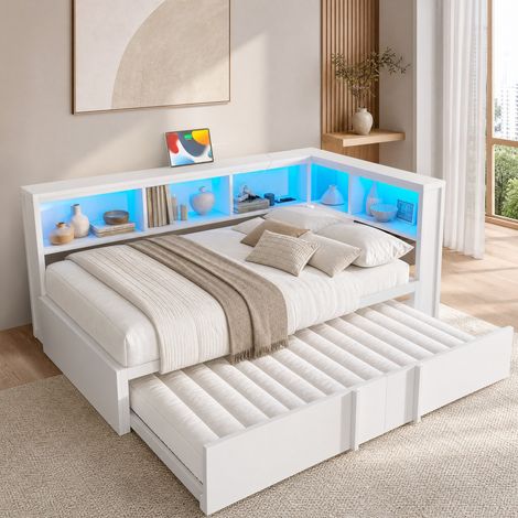 Cama nido moderna de metal y MDF blanco 90x200 cm con cama extraíble, 5 espacios de almacenaje, LED y USB