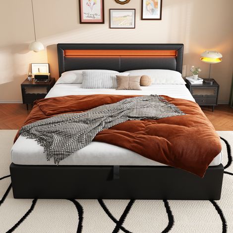 Lit rembourré LED 140×190cm noir,simili cuir,sommier à lattes,rangement,tête éclairage multicolore