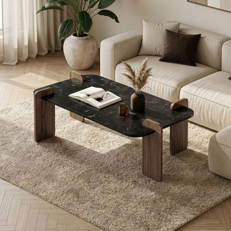 Table basse rectangulaire décor marbré noir et noyer MARFA (1/5)