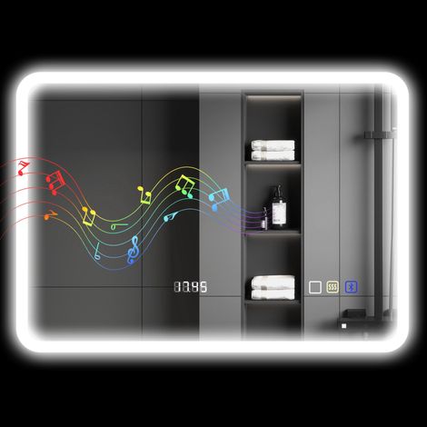 Miroir de salle de bain avec éclairage LED 70 x 50 cm, Bluetooth, 3 couleurs d'éclairage, horloge numérique, fonction antibuée et fonction mémoire. (1/5)