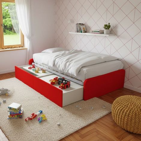Letto 1 piazza e mezza con cassettoni, personalizzabile e facile montaggio - Rosso