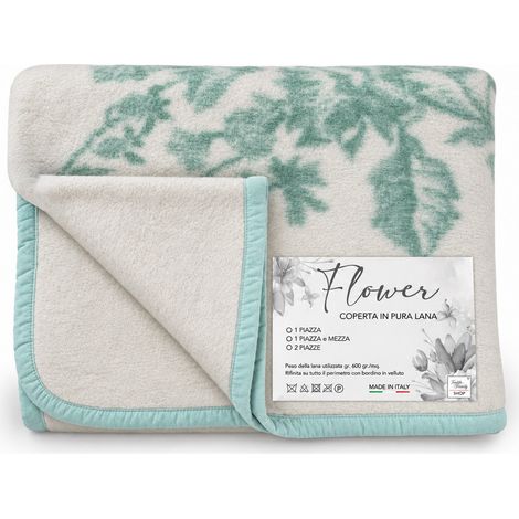 Coperta Flower Verde in Pura Lana con Bordino in Velluto, Calda e Morbida, Design Classico, Made in Italy 1 PIAZZA (1/5)