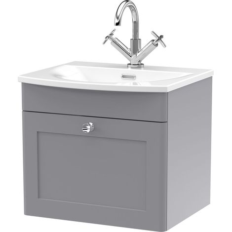 Swynnerton Traditional 1 Drawer Wall Hung Vanity Unit with Basin, Satin Grey, 500mm