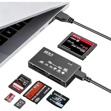 Lecteur de Carte Mémoire, Lecteur Multiple Cartes, USB 2.0 6-en-1, Adaptateur USB Tout-en-Un Compatible avec SD TF CF SDHC MiniSD xD Windows et Mac, Vitesse de Transfert Jusqu'à 480 Mbps, Plug & Play (1/5)