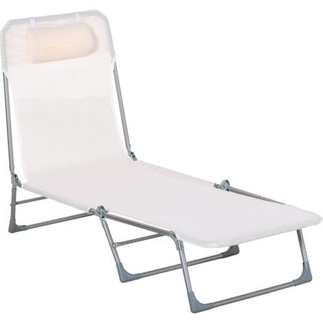 Chaise longue inclinable pliable, bain de soleil avec dossier réglable 5 niveaux et oreiller, transat pratique en crème pour jardin et piscine. (1/5)