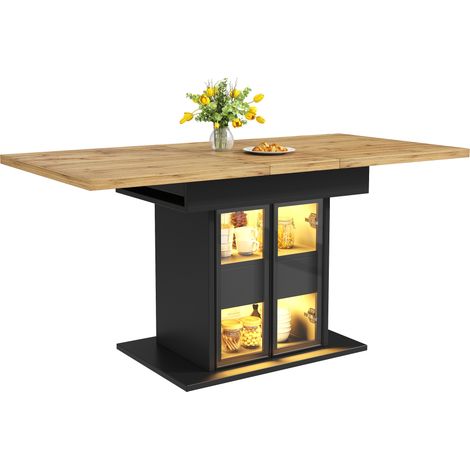 CHICFURN Table à manger extensible avec rangement 110-140 cm, meuble de cuisine avec 2 tiroirs, portes coulissantes en verre, LED RGB USB, noire (1/5)