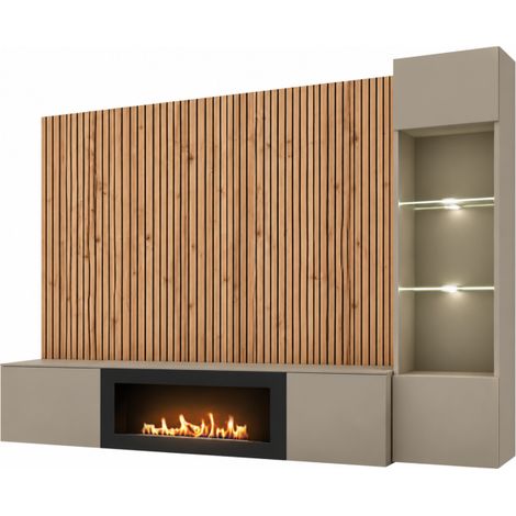 Ensemble meuble TV Xari L-K avec cheminée bioéthanol et vitrine LED - Bois MDF gris argile et chêne artisan - 200 x 158 x 40 cm - Livraison gratuite (1/3)