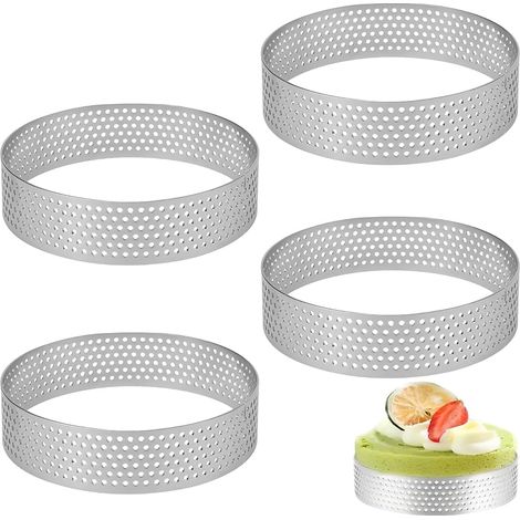4 Pièces Cercle à Pâtisserie, Tarte Perforé en Acier Inoxydable, Tartes et Tartelettes, Moule, Biscuits, Donuts, Gâteaux, Pâtisseries, Mini Pizzas, Muffins (Ø 8 cm) (1/5)