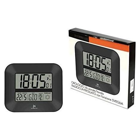 LOWELL JD9906 Justaminute Orologio da Parete Radiocontrollato con Previsione Meteo Sveglia Calendario Multilingue Temperatura Umidita' Colore Nero