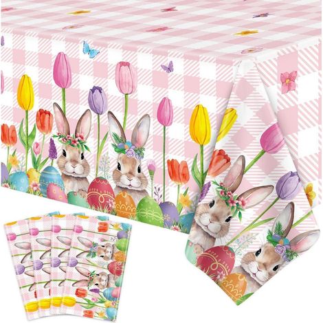 4er Set Oster-Tischdecken 130x220 cm, wasserdicht, mit Tulpen & Hasenmotiv