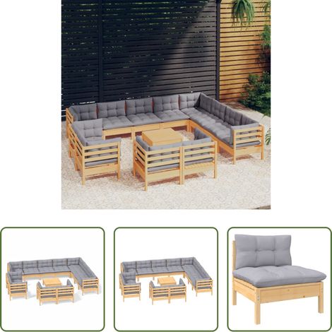 Terrassensofa -  13-tlg. Garten-Lounge-Set mit Grauen Kissen Massivholz Kiefer (1/5)