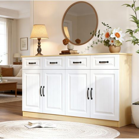 Aparador de 4 cajones y 4 puertas, 160 x 35 x 80 cm, MDF, blanco y madera natural DESVIAE (1/5)