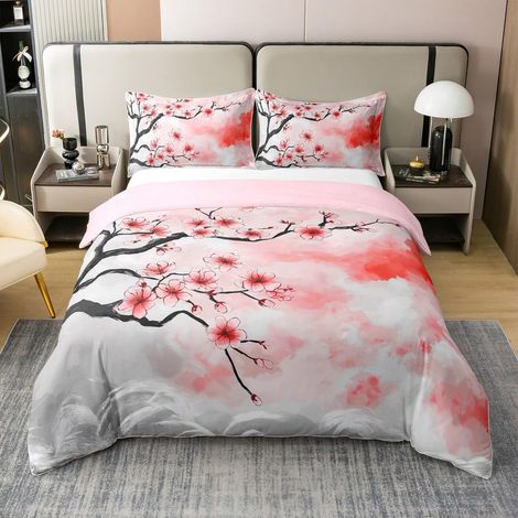 Parure de lit 100 % coton - Motif fleurs de cerisier roses - Housse de couette 155 x 220 cm - Style japonais - Avec fermeture éclair - Pour filles, femmes, enfants, adolescents, adultes (1/5)