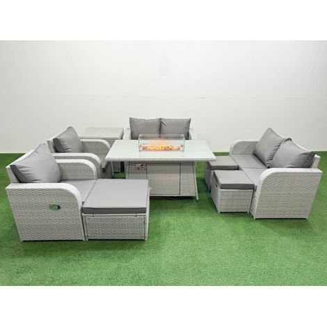 Fimous 9 Seater Outdoor Reclining Chair Love Sofa Set Rattan Garden Furniture Set with Firepit Dining Table 3 Stools Side Table Light Grey (1/4)