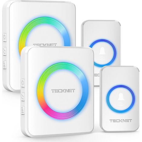 Sonnette Sans Fil, IP65 Étanche 400 Mètres Sonnette Sans Fil Exterieur Etanche, 60 Mélodies 5-Niveaux Voyant RVB, pour Maison, Hôtel, Urgence-Blanc (1/5)