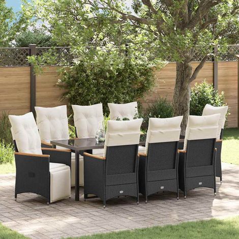 Ensemble repas de jardin 9 pièces en polyrotin noir avec fauteuils inclinables - PANGIVO (1/5)