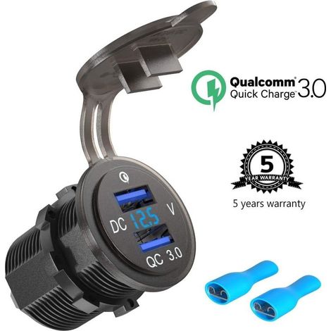 12V/24V Charge rapide 3.0 Prise USB Installation Double QC 3.0 Prise USB Chargeur de voiture 36W Adaptateur allume-cigare étanche avec voltmètre LED Jauge de tension de batterie pour bateau moto camio (1/5)