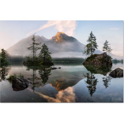 PARASCHIZZI DA CUCINA Lago riflettente circondato da alberi e montagne. 80x55 cm (1/5)