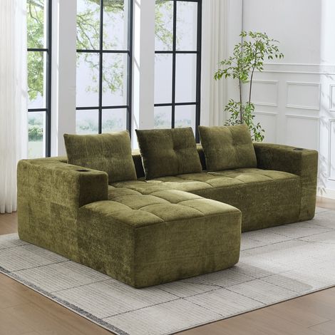 Canapé d'angle L 258 cm, Canapé de compression sans cadre, 3 coussins, tissu chenille, design minimaliste, vert (1/5)