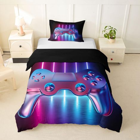 Housse de couette pour garçons, adolescents, enfants, Motif imprimé console de jeu, jeux vidéos, 155 x 220 cm, bleu / violet (1/5)