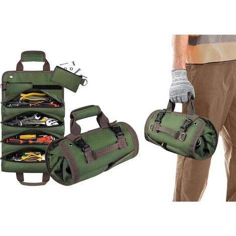 Sacoche de rangement pour outils de quincaillerie, sac à outils enroulable avec pochette zippée amovible, organisateur d'outils robuste - Vert (1/5)