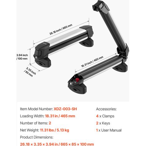 VEVOR Ski & Snowboard Roof Rack, Carry up to 4 Pairs of Skis or 2 Snowboards, 2 PCS Aluminum Universal Car Roof Rack Top Holder with Lock & Rubber Padding, Carrier for Fishing Rod, Fit Most Crossbars (1/4)