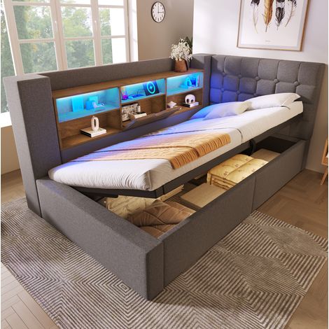 Lit simple 90/190 cm gris en lin avec LED, rangement hydraulique et tête en L réversible (1/5)