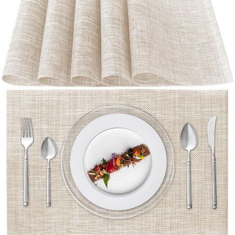 Sets de Table Lavable, Lot de 6 Sets de Table Plastique PVC, Résistant à la Chaleur, Antidérapant, pour Cuisine Table à Manger (Beige) (1/5)
