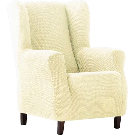 Housse de Fauteuil à Oreilles bi-élastique, Respirante et Protection complète, Couleur écru, Facile à Installer avec des mousses de Fixation et des élastiques pour Fixation supplémentaire
