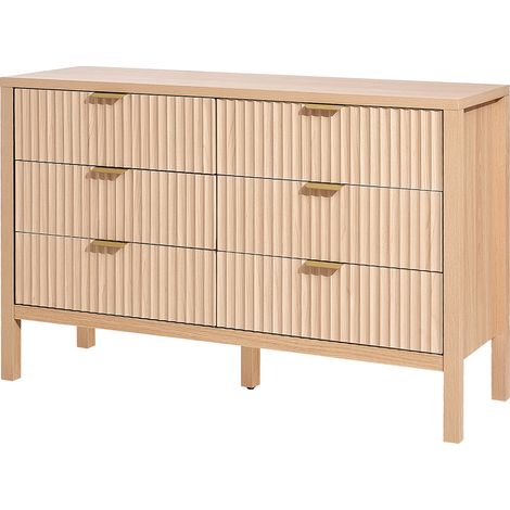 Mophorn Cómoda de 6 cajones con diseño acanalado de madera, dimensiones de 39,9 x 119,9 x 78,7 cm, equipada con sistema de deslizamiento y dispositivo antivuelco. Estilo moderno y minimalista