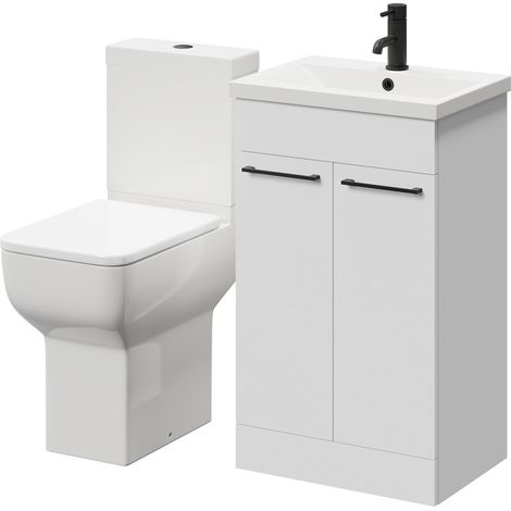 Wholesale Domestic Alessio Gloss White 500mm Vanity Unit and Toilet Suite including Comfort Height Toilet and Floor Standing Vanity Unit with 2 Doors and Matt Black Handles (1/5)