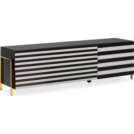 Meuble TV /Audio 145 x 44 x 46 cm Verre, Acier - Blanc, Noir, Doré (1/4)
