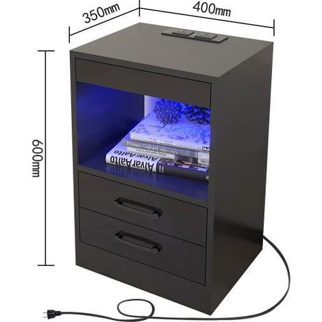Table de Chevet LED avec 2 Prises Électriques + 2 Ports USB – En MDF, 3 Tiroirs et Étagerie Ouverte – Design Moderne 40x35x60cm (Blanc/Noir)