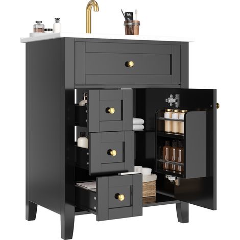 Meuble de salle de bain avec vasque en céramique Noir,meuble sous vasque,avec 1 porte,4 tiroirs et étagères réglables (1/5)