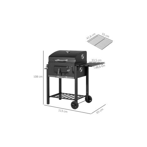 Barbecue à charbon noir en acier inoxydable avec chariot et roulettes, 113 x 65 x 108 cm, pour jardin, terrasse et plein air (1/5)