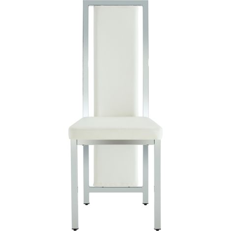 Ensemble table ronde en verre trempé 88 cm avec 4 chaises blanches minimalistes en PU et cadre métal argenté (1/5)