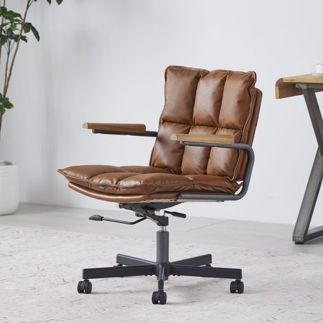 Ergonomischer Bürostuhl aus Leder mit Eichenholz-Armlehnen, höhenverstellbarer drehbarer Rollstuhl für Computer, im Executive-Stil (1/5)