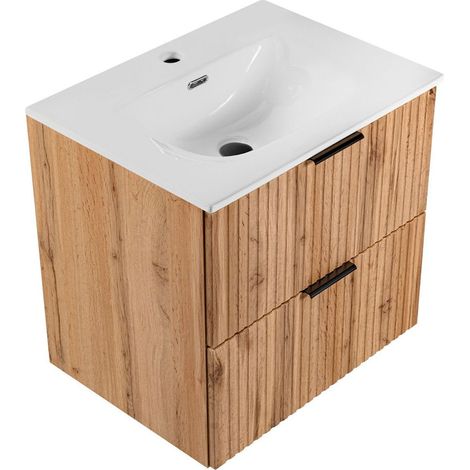 Waschtischunterschrank mit Waschbecken 60cm ADELAIDE-56 Wotaneiche mit gerillter Front, B/H/T ca. 61/60/46 cm (1/5)