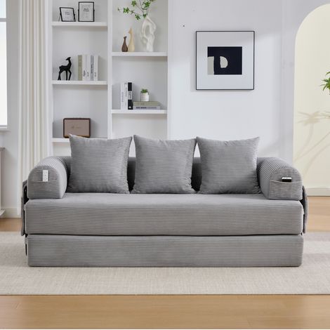 Divano letto 200x94x67 cm grigio chiaro, tasca laterale, tessuto a coste, MEUBLIV (1/5)