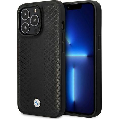 Étui BMW BMHMP14X22RFGK pour iPhone 14 Pro Max 6,7 pouces, en cuir noir à motif losanges, compatible MagSafe. (1/5)