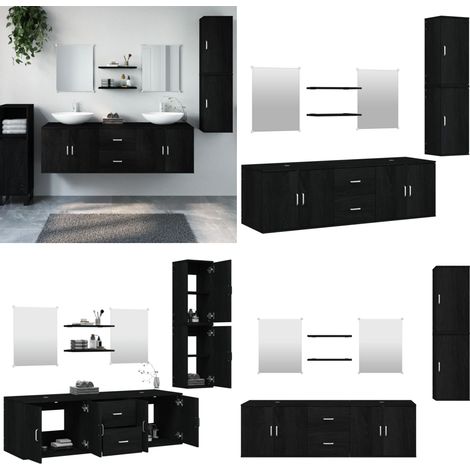 7-tlg. Badmöbel-Set Schwarz Holzwerkstoff - Badmöbel Set - Schwarzes Badmöbel - Badezimmermöbel - Holzwerkstoff Badmöbel - Wandhängeschränkchen - Home & Living (1/5)