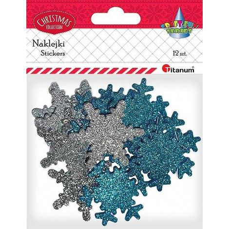 Adesivi in schiuma a forma di fiocco di neve glitterato, confezione da 12 pezzi.