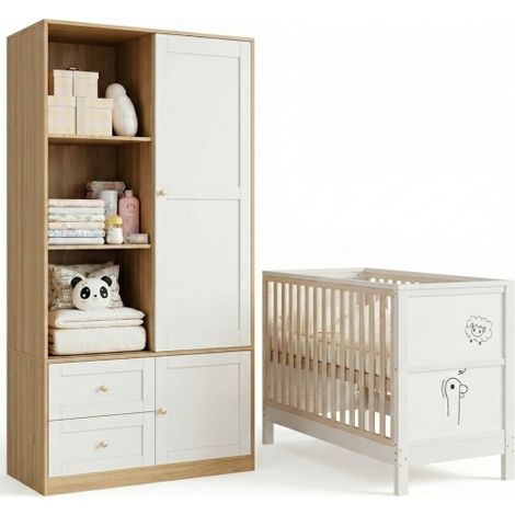 Lettino e armadio, set di mobili per cameretta, lettino in legno massello, lettino con tavoletta (120 x 60 x 90 cm), armadio con ante scorrevoli e asta appendiabiti (90 x 50 x 180 cm) (1/5)