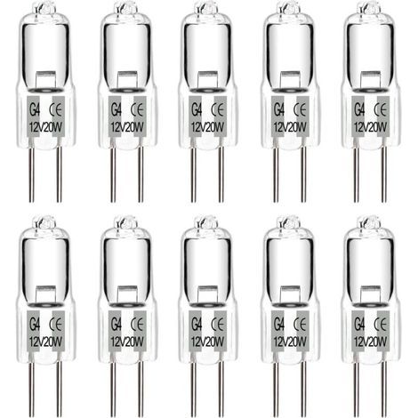 10 lampadine alogene G4, luce bianca calda, 12V 20W, capsula trasparente, per lampadari, armadi e plafoniere. (1/4)