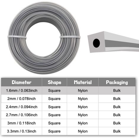 Fil de coupe carré en nylon (1,6 mm, 15 m / 49 pi) pour débroussailleuse et tondeuse à gazon. (1/4)