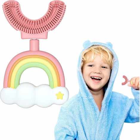 DEESSE SHOP - Brosse à dents en forme de U pour enfants, brosse à dents de nettoyage buccal à 360 ° avec tête en silicone souple (7-14 ans - rose) (1/5)