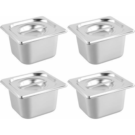 Lot de 4 Plat Inox avec Couvercle, GN 1/6 Bac avec Couvercle, 17,5 x 16,2 x 10 cm Bac Alimentaire Inox pour des Fours à Convection, des Chafing Dishes, des Réfrigérateurs (1/5)
